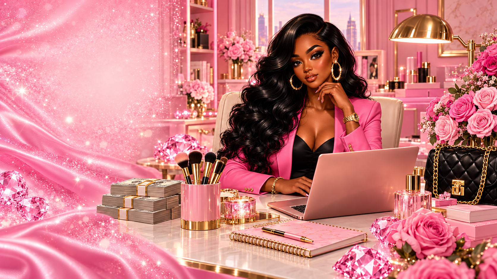 Beauty Boss in a luxury pink office with a laptop, roses, beauty products and cash
