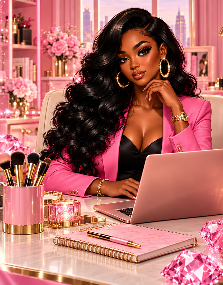 Beauty Boss in a bright pink blazer and black top