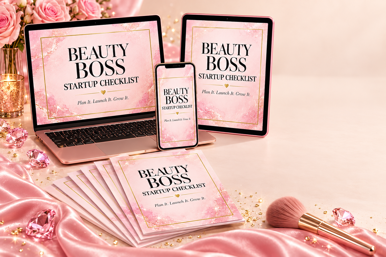 Beauty Boss Startup Checklist displayed on a laptop, smartphone, tablet and printed pages
